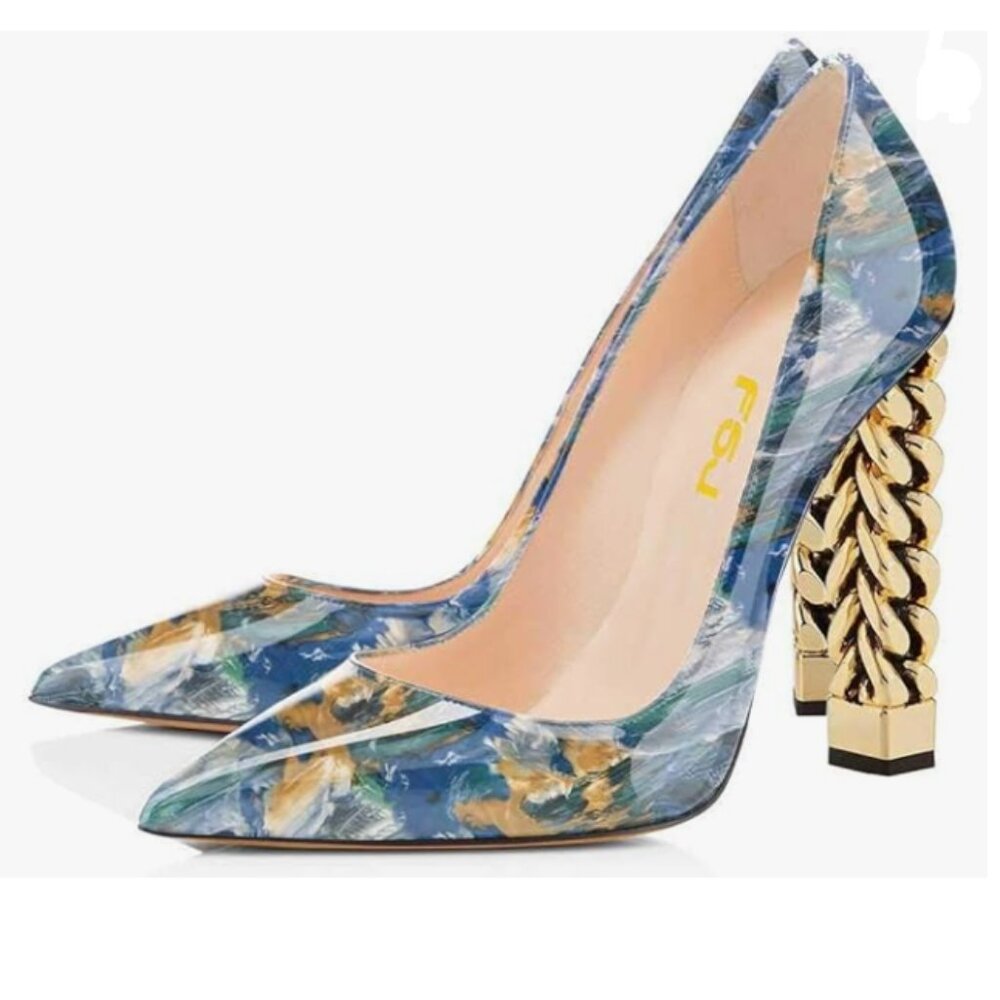 FSJ Blue Marble Pointed-Toe Pumps with Gold Chain Block Heel